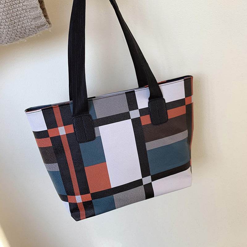 PU Shoulder Fashion Plaid Large Capacity Shopping Bag - MYLUXURY LANE ENTERPRISE