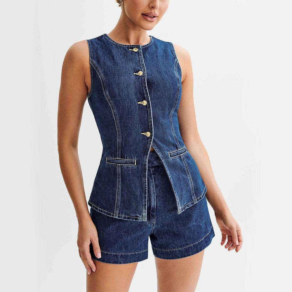 Fashion Denim Suit Summer Casual Sleeveless Button Vest Top And High Waist Shorts Set For Womens Clothing - MYLUXURY LANE ENTERPRISE