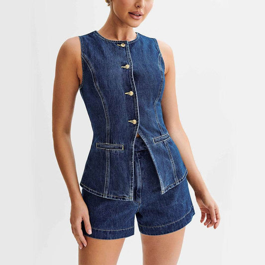 Fashion Denim Suit Summer Casual Sleeveless Button Vest Top And High Waist Shorts Set For Womens Clothing - MYLUXURY LANE ENTERPRISE