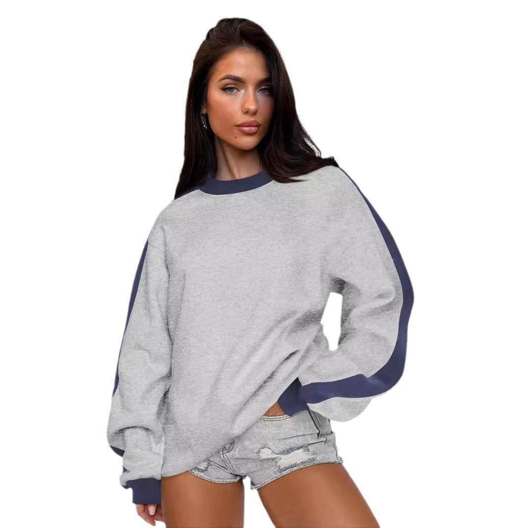Women's Contrast Color Round Neck Loose Sweater Long-sleeved Top - MYLUXURY LANE ENTERPRISE