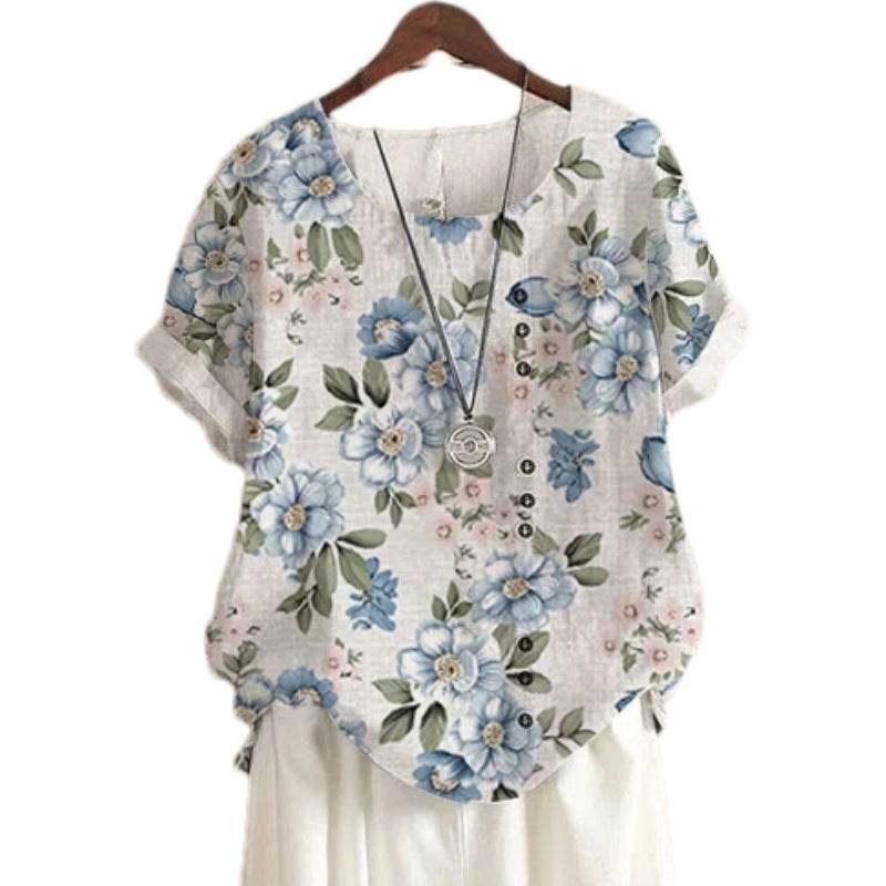Retro Cotton And Linen Printed Loose Casual Shirt Short-sleeved T-shirt For Women - MYLUXURY LANE ENTERPRISE