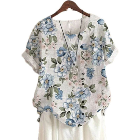 Retro Cotton And Linen Printed Loose Casual Shirt Short-sleeved T-shirt For Women - MYLUXURY LANE ENTERPRISE