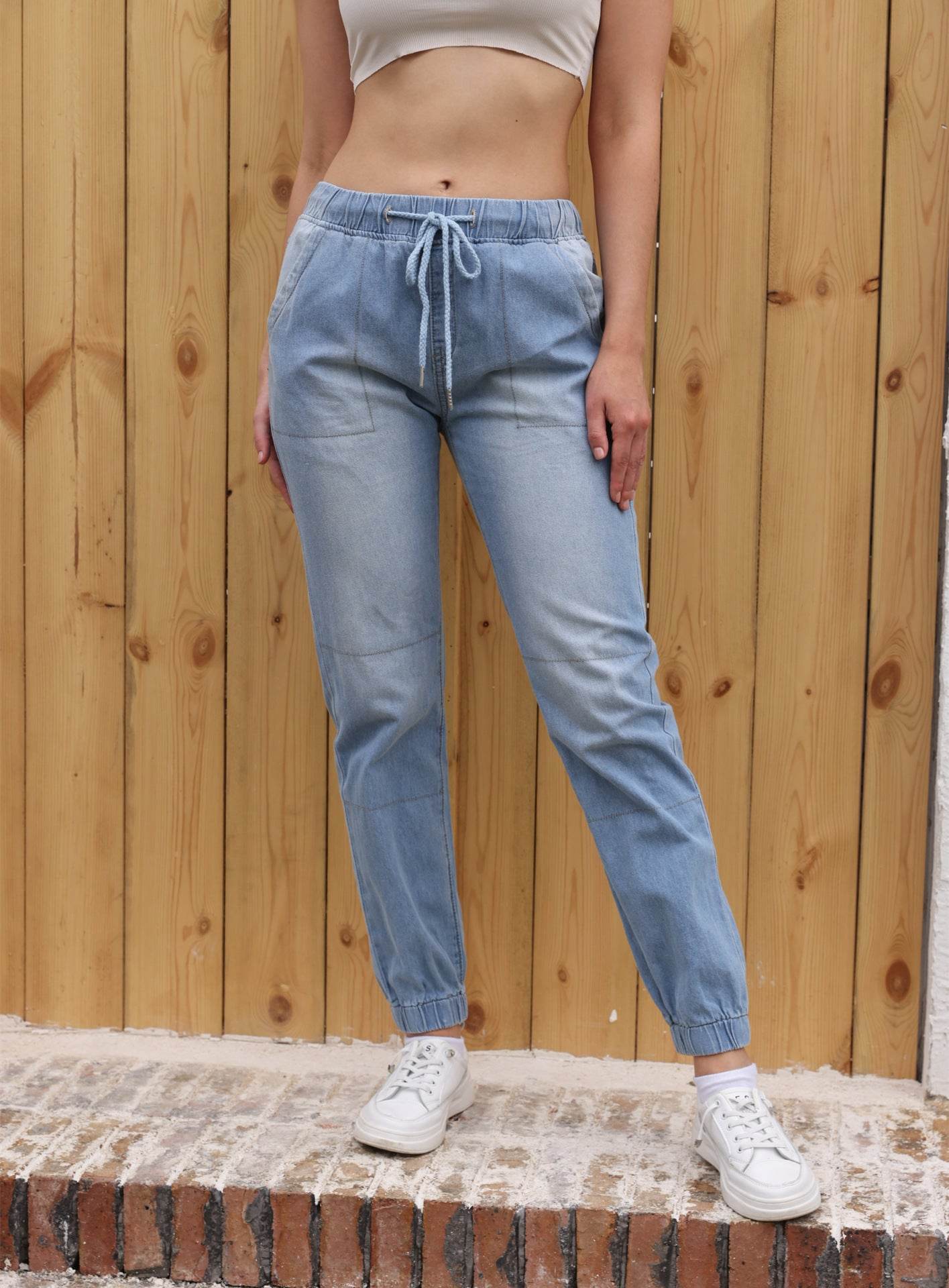 Casual Jeans Light Blue Elastic Waist String Trousers - MYLUXURY LANE ENTERPRISE