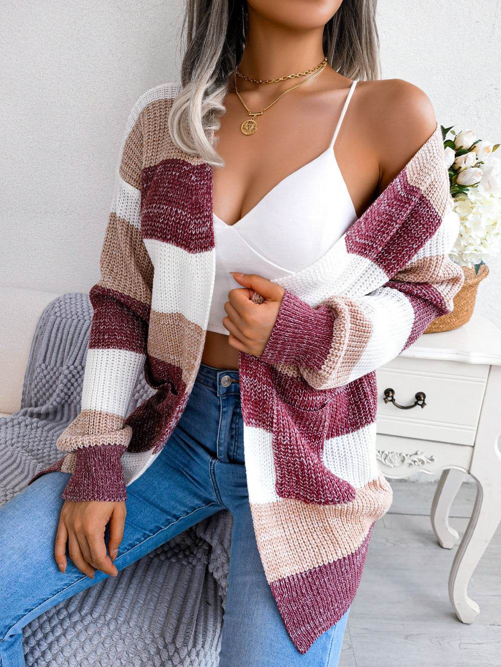 Plaid Sweater Women Casual Lantern Sleeves Cardigan Jacket Outerwear Clothes - MYLUXURY LANE ENTERPRISE