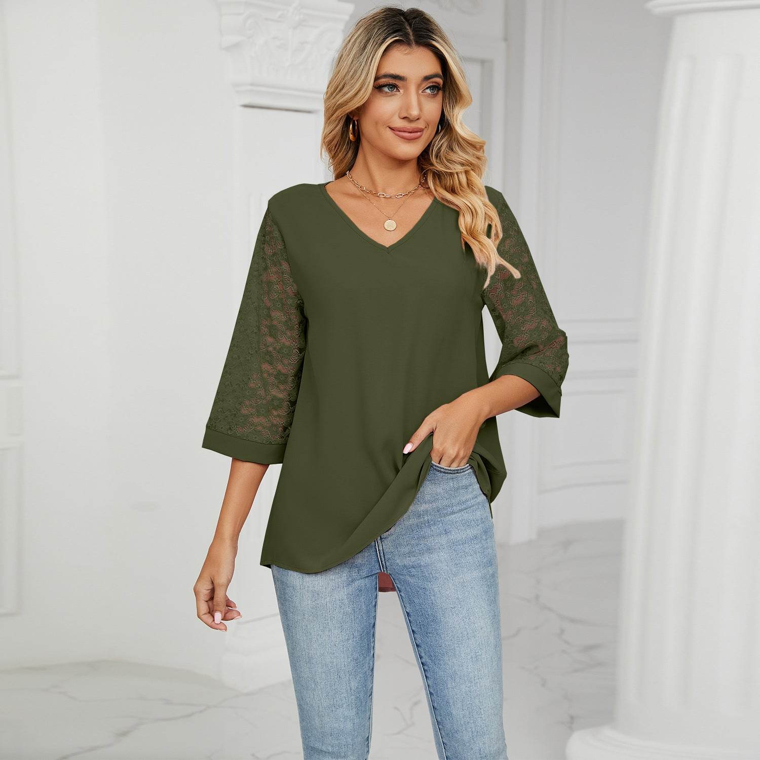 Loose V-neck Cropped Lace Bell Sleeve Patchwork Chiffon Bottoming Shirt - MYLUXURY LANE ENTERPRISE
