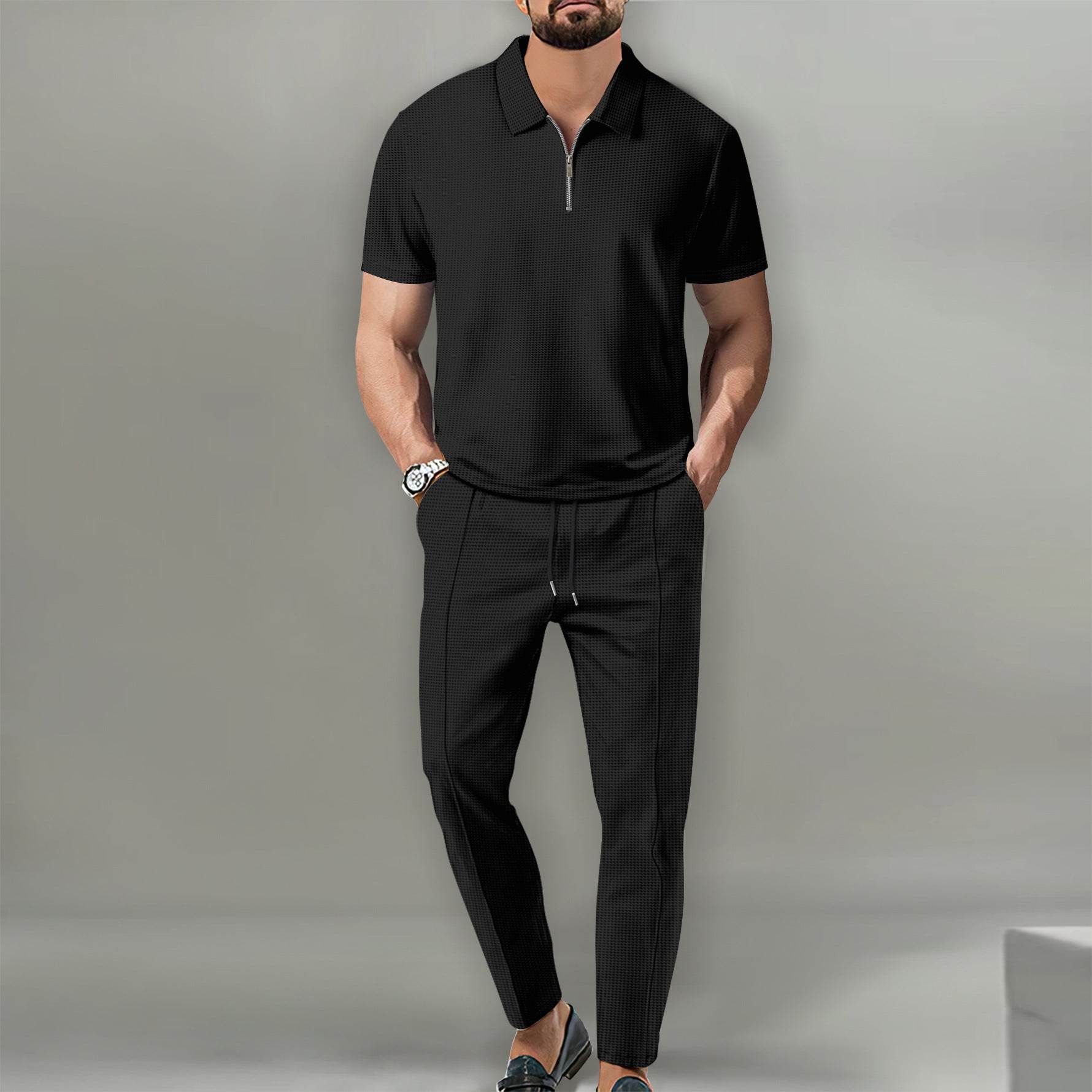 Lapel Short Sleeve Zipper Trousers Suit - MYLUXURY LANE ENTERPRISE