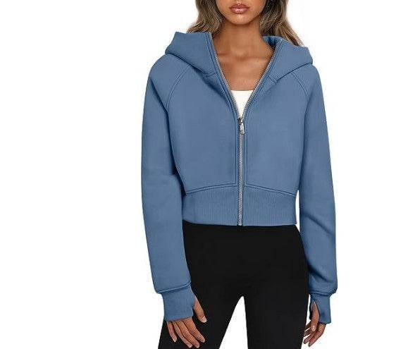 Women's Hooded Zipper Short Velvet Long Sleeve Sweatshirt - MYLUXURY LANE ENTERPRISE