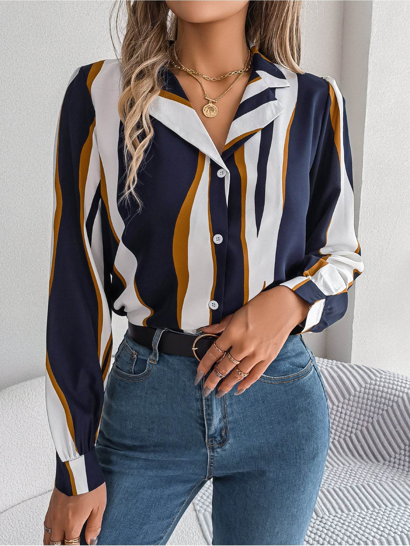 Casual Versatile Contrasting Striped Long Sleeved Shirt - MYLUXURY LANE ENTERPRISE