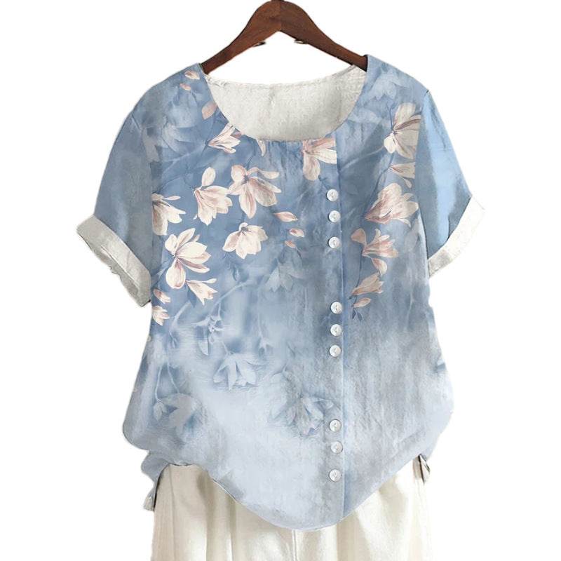 Retro Cotton And Linen Printed Loose Casual Shirt Short-sleeved T-shirt For Women - MYLUXURY LANE ENTERPRISE