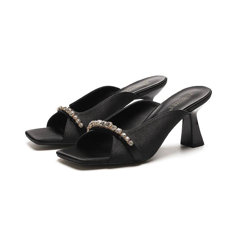 French Retro Women's Shoes Square Toe Open Toe High Heels Rhinestone - MYLUXURY LANE ENTERPRISE