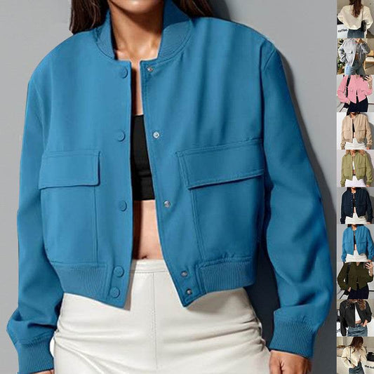 Fashion Button Stand-collar Jacket With Big Pockets Casual Loose Short Outwear Tops Coat For Women Clothing - MYLUXURY LANE ENTERPRISE