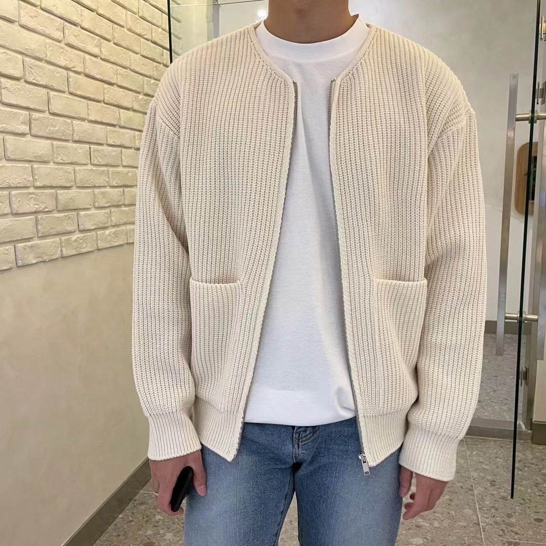 Men Zip Up Knitted Cardigan Lined Funnel Neck Jumper Sweater Pockets Coat All Seasons Comfortable Soft Long Sleeve - MYLUXURY LANE ENTERPRISE
