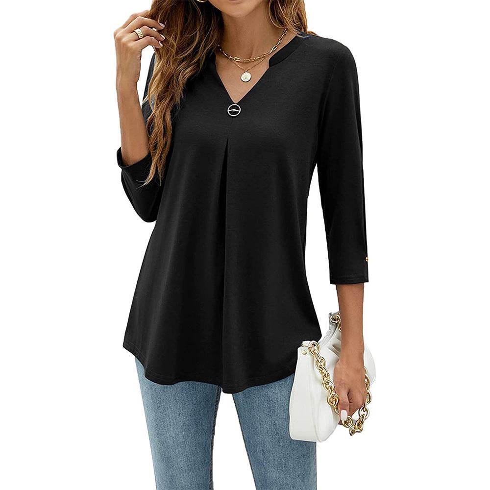Women's V-neck Clinch Pleated T-shirt Top - MYLUXURY LANE ENTERPRISE