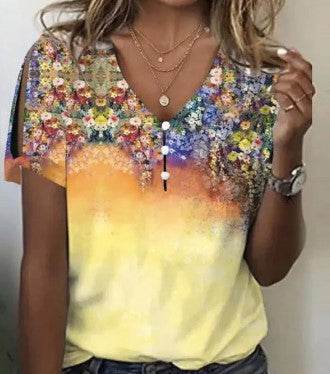 Flower Series 3D Printed V-neck Button T-shirt Top - MYLUXURY LANE ENTERPRISE