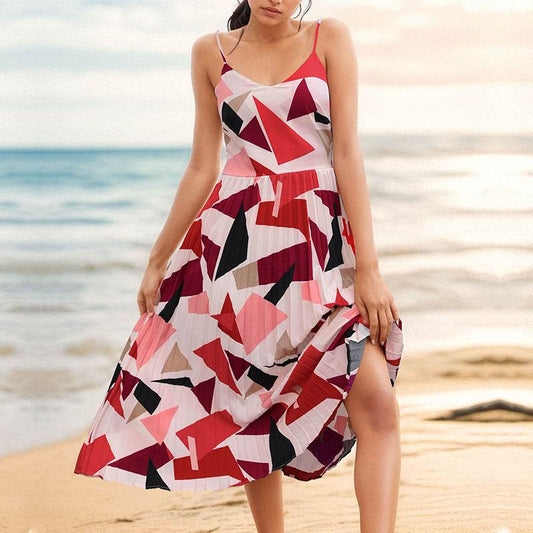Camisole Vacation A- Line Midi Dress Geometric Print - MYLUXURY LANE ENTERPRISE