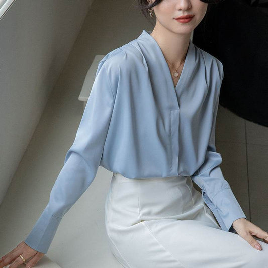Korean Style Versatile V-neck Long Sleeve Satin Blouse Women's Tops - MYLUXURY LANE ENTERPRISE