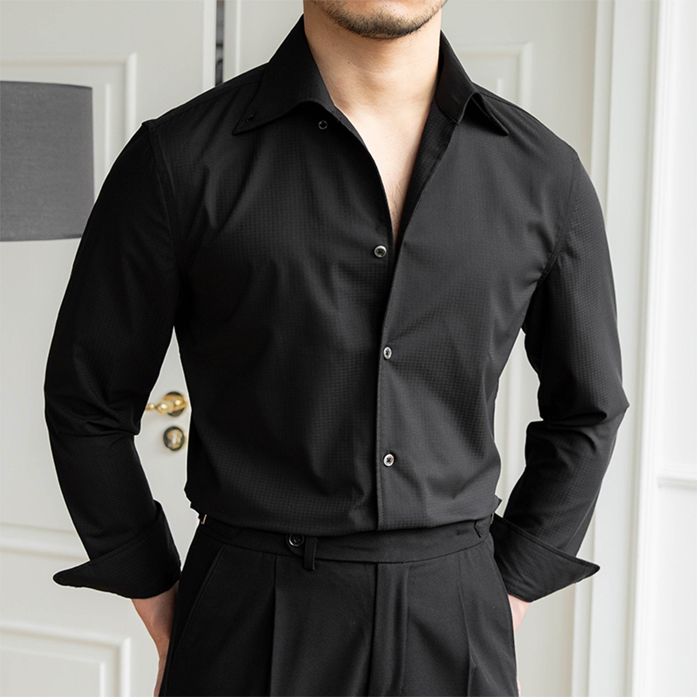 Non-ironing Slim-fit Casual Dark Plaid Long-sleeved Shirt - MYLUXURY LANE ENTERPRISE