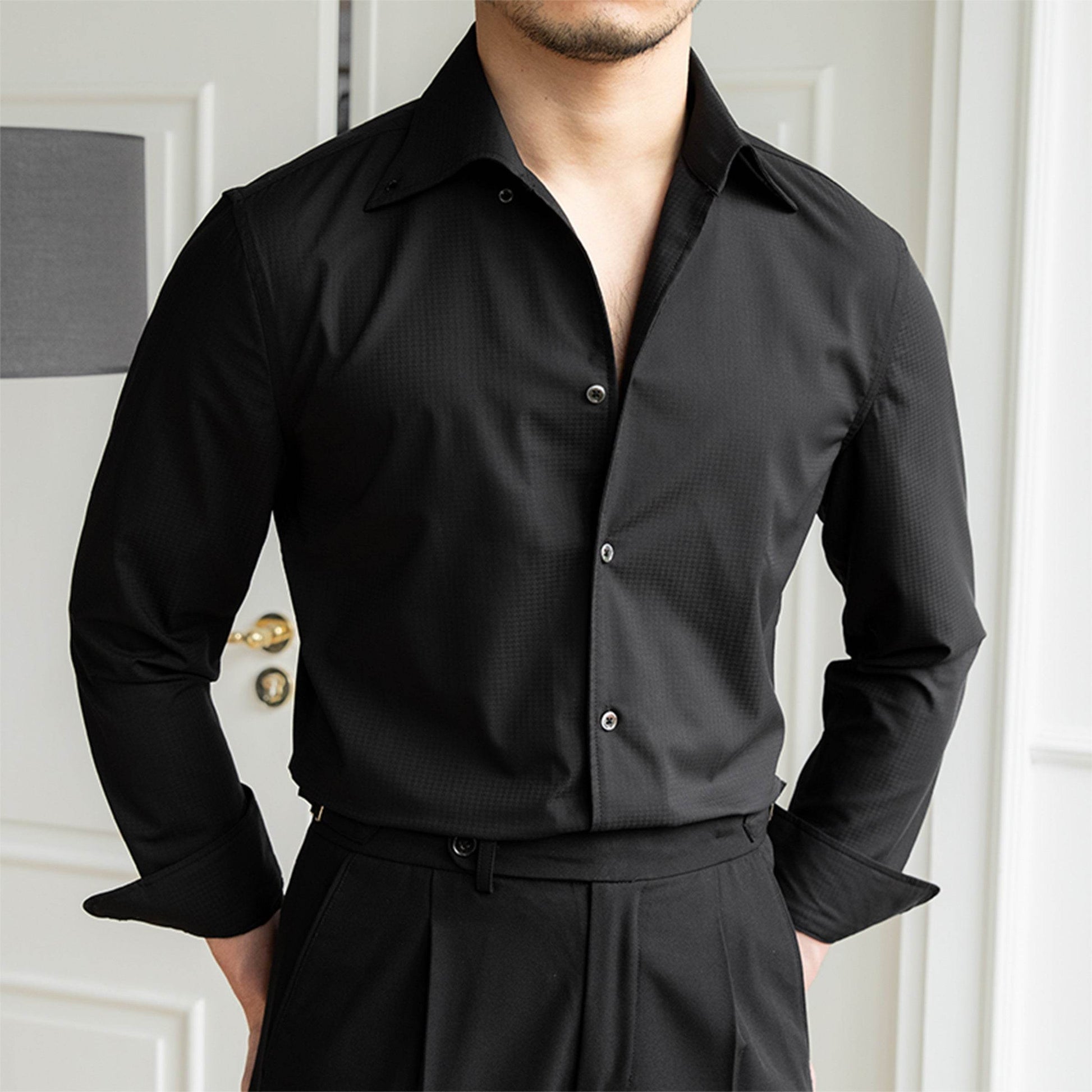 Non-ironing Slim-fit Casual Dark Plaid Long-sleeved Shirt - MYLUXURY LANE ENTERPRISE