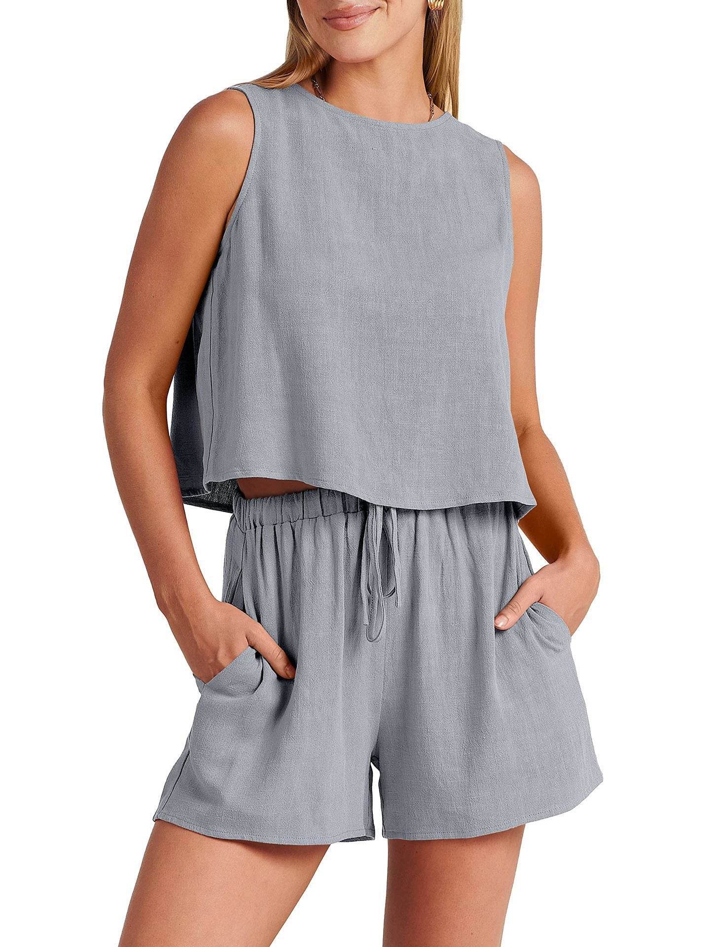 Women's Casual Sleeveless Loose Cotton Linen Shorts Two-piece Suit - MYLUXURY LANE ENTERPRISE
