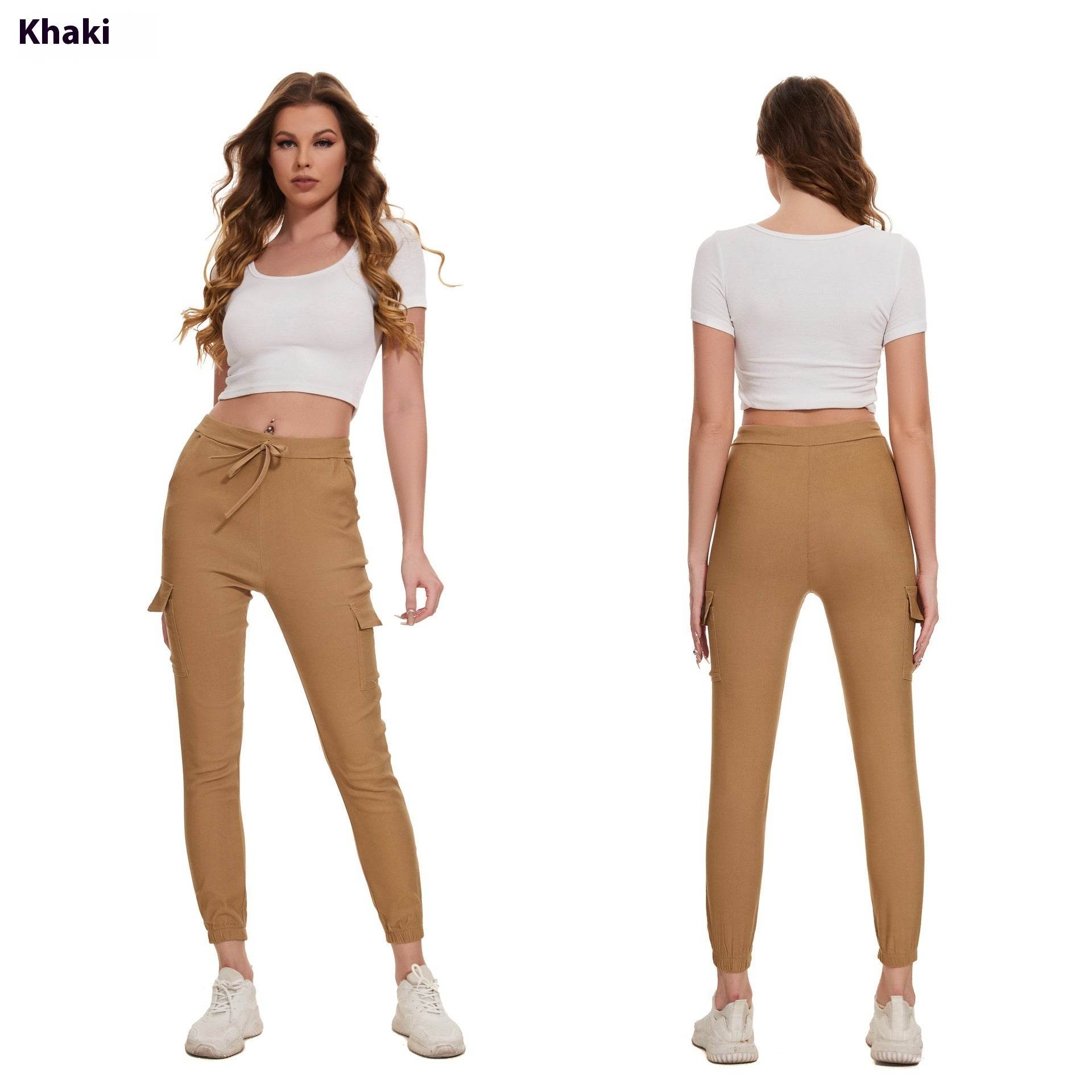 Multi-pocket Work Elegant Casual Elastic Waist Lace Up Pants - MYLUXURY LANE ENTERPRISE