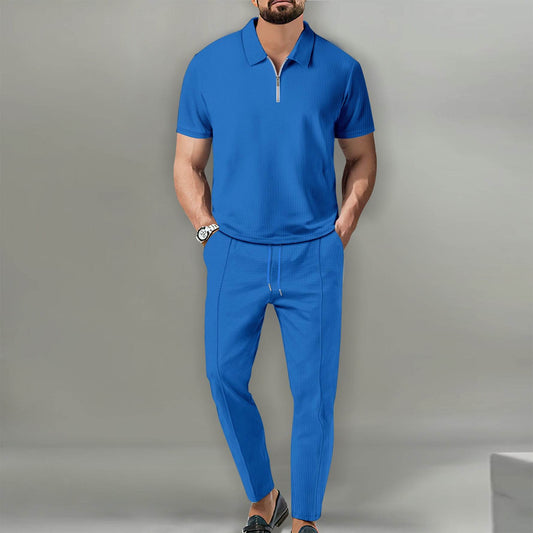 Lapel Short Sleeve Zipper Trousers Suit - MYLUXURY LANE ENTERPRISE