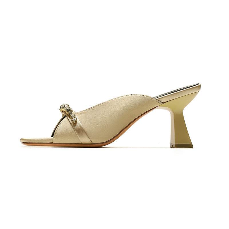 French Retro Women's Shoes Square Toe Open Toe High Heels Rhinestone - MYLUXURY LANE ENTERPRISE