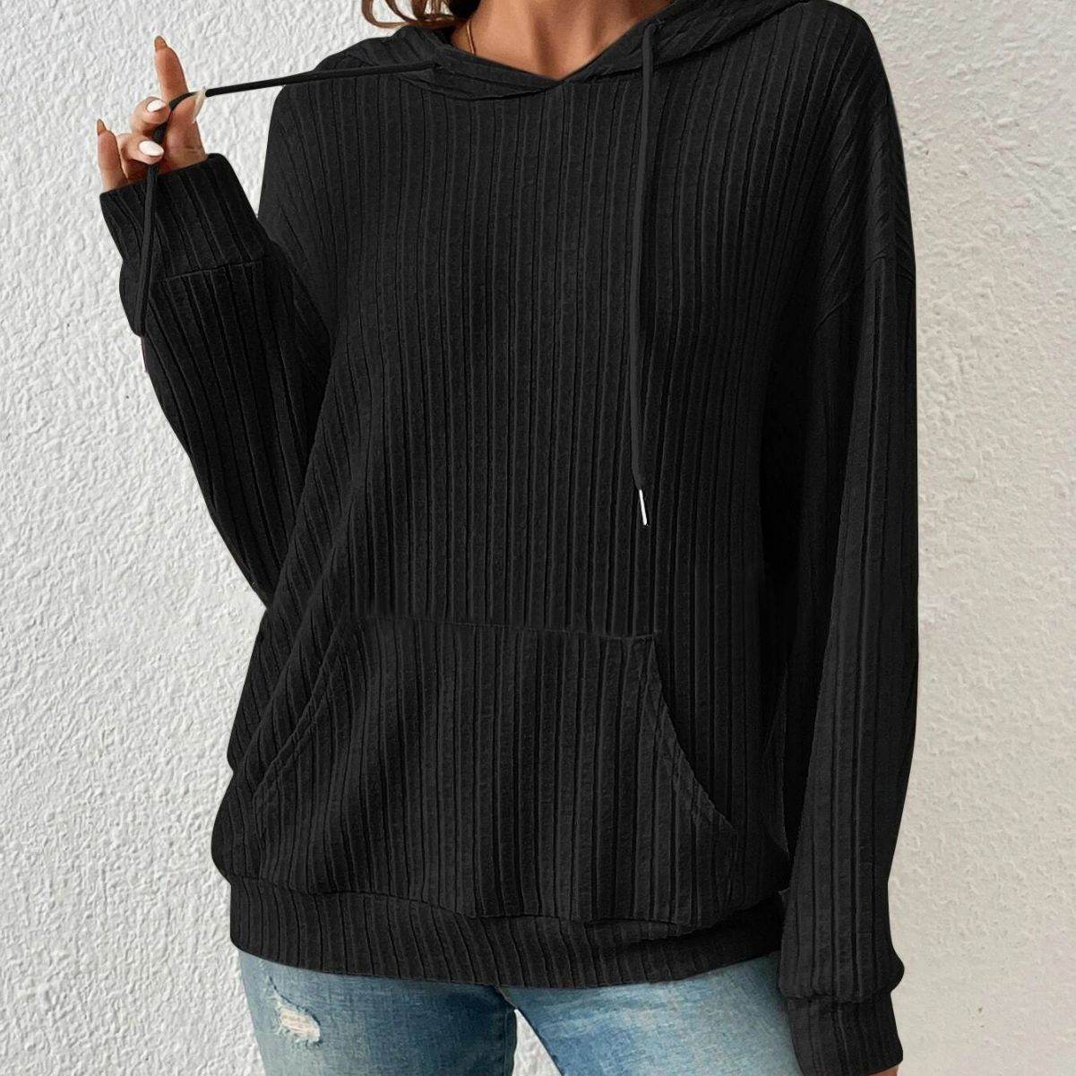 Fashion Drawstring Long-sleeved Hooded Sweatshirt With Pockets Solid Sunken Stripe Hoodie Knitwear Womens Clothing - MYLUXURY LANE ENTERPRISE