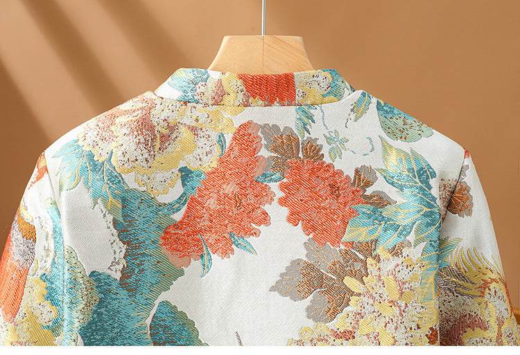 For The Sake Of Beauty Jacquard Buckle Round Neck Vintage Coat - MYLUXURY LANE ENTERPRISE