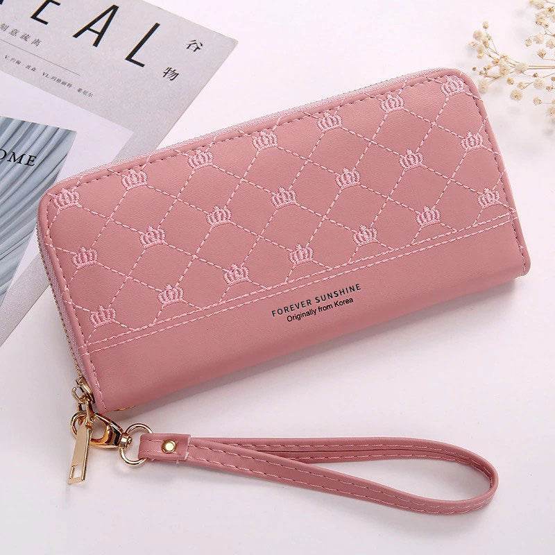 Long Crown Embroidery Thread Single Zip Clutch Wallet Women - MYLUXURY LANE ENTERPRISE