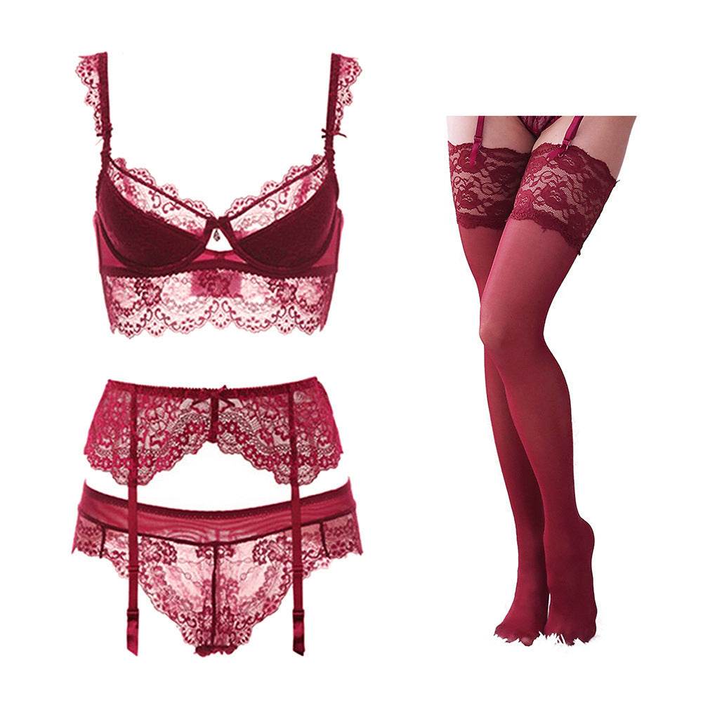 Court Style Wine Red Lace Bra Set Women - MYLUXURY LANE ENTERPRISE