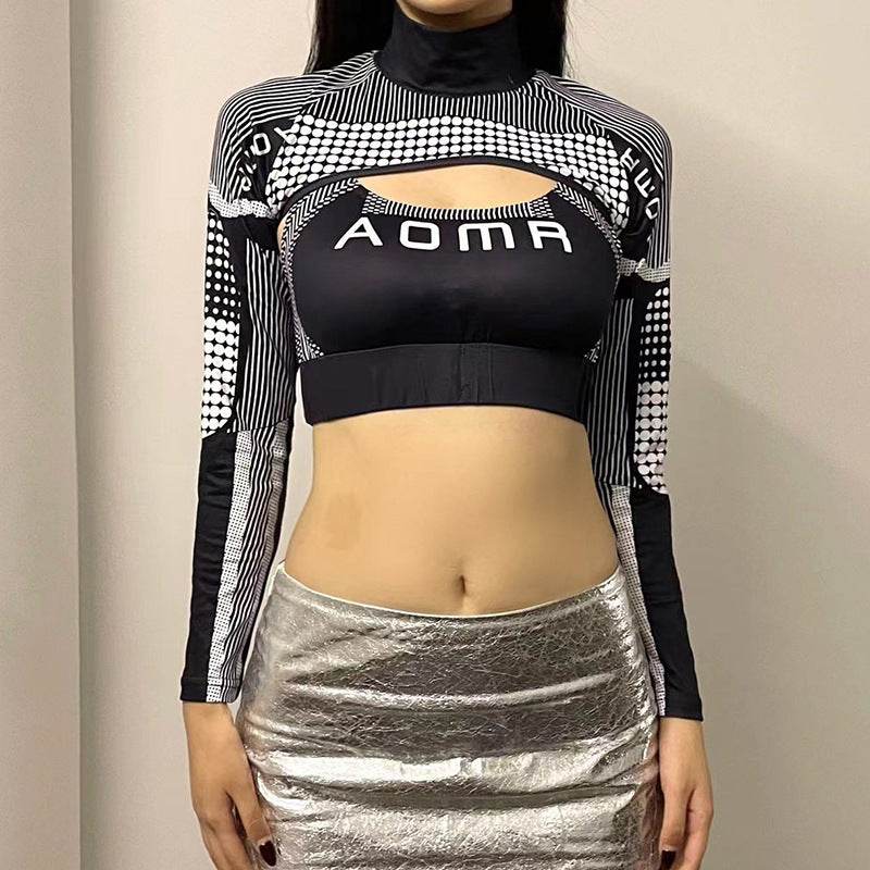 Car Line Print Blouse Short Top Hot Girl Outdoor Wear Personality Turtleneck Long Sleeve T-shirt Two-piece Set - MYLUXURY LANE ENTERPRISE