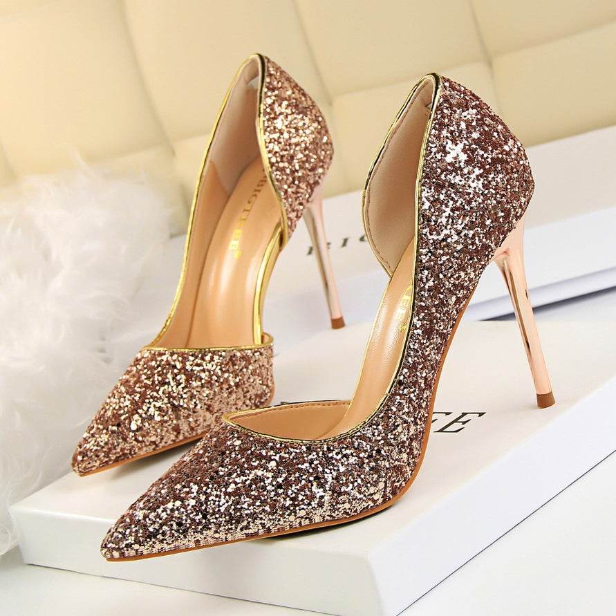 Skinny Women's Shoes Stiletto Heel Shallow Mouth Pointed Side Hollow-out Sequin - MYLUXURY LANE ENTERPRISE