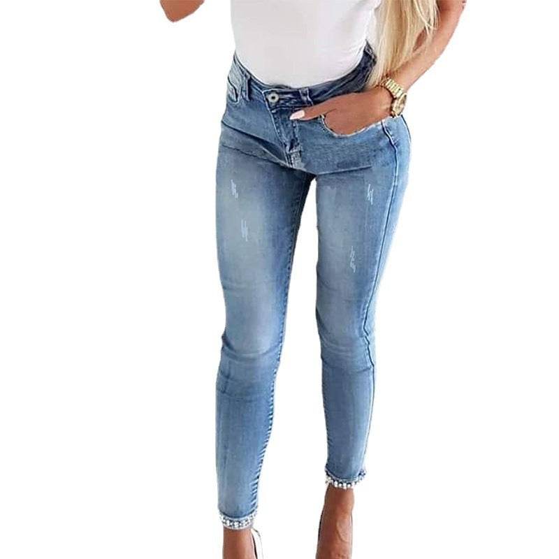 Slim Jeans Women Butterfly Sticky Flower Beaded Split Trousers - MYLUXURY LANE ENTERPRISE