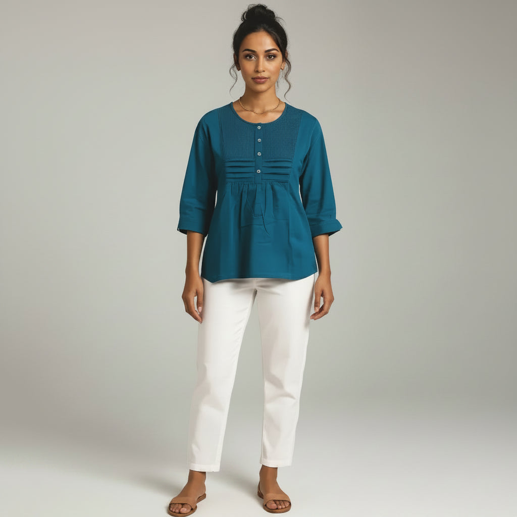Teal Pintuck Detail Cotton Tunic Top - MYLUXURY LANE ENTERPRISE
