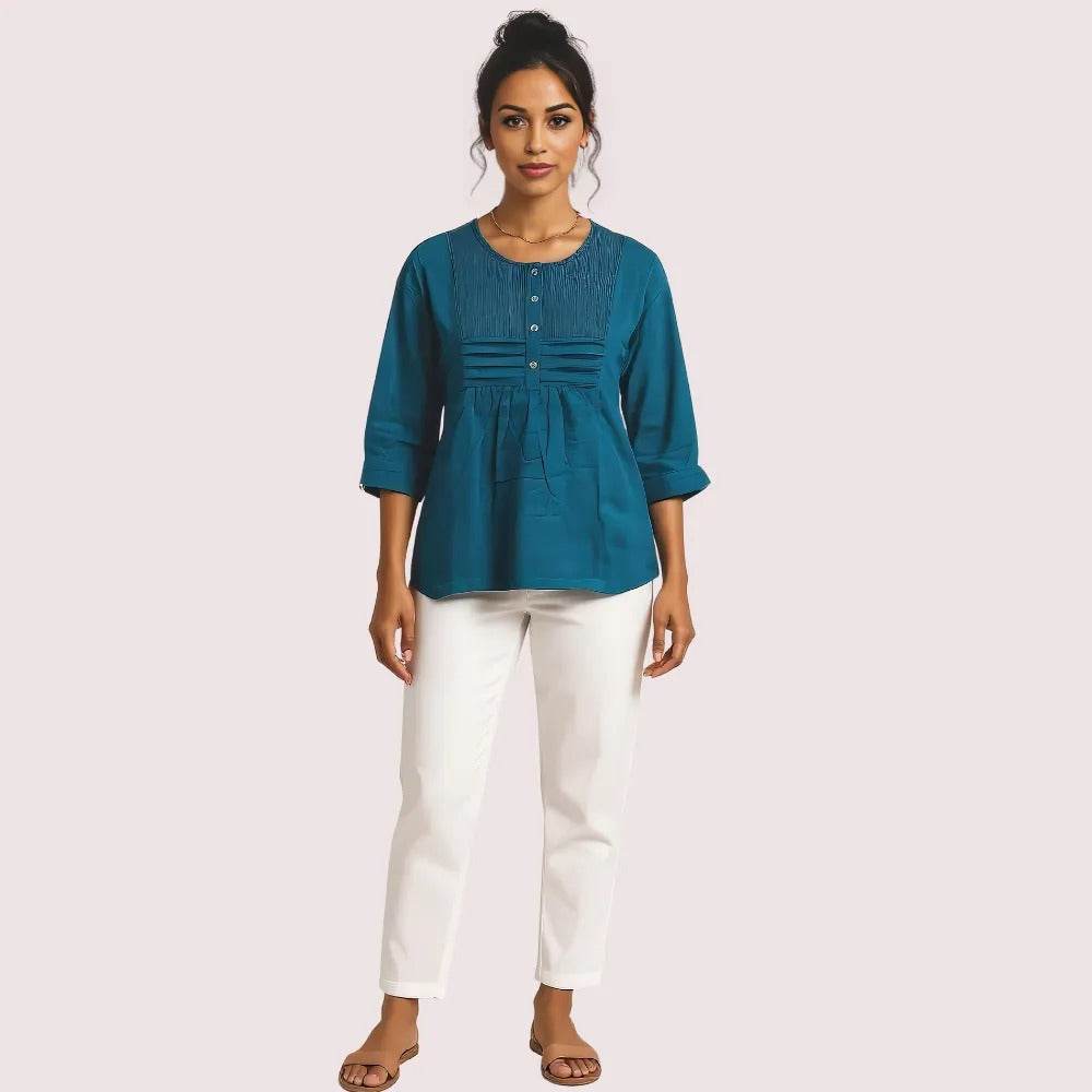 Teal Pintuck Detail Cotton Tunic Top - MYLUXURY LANE ENTERPRISE