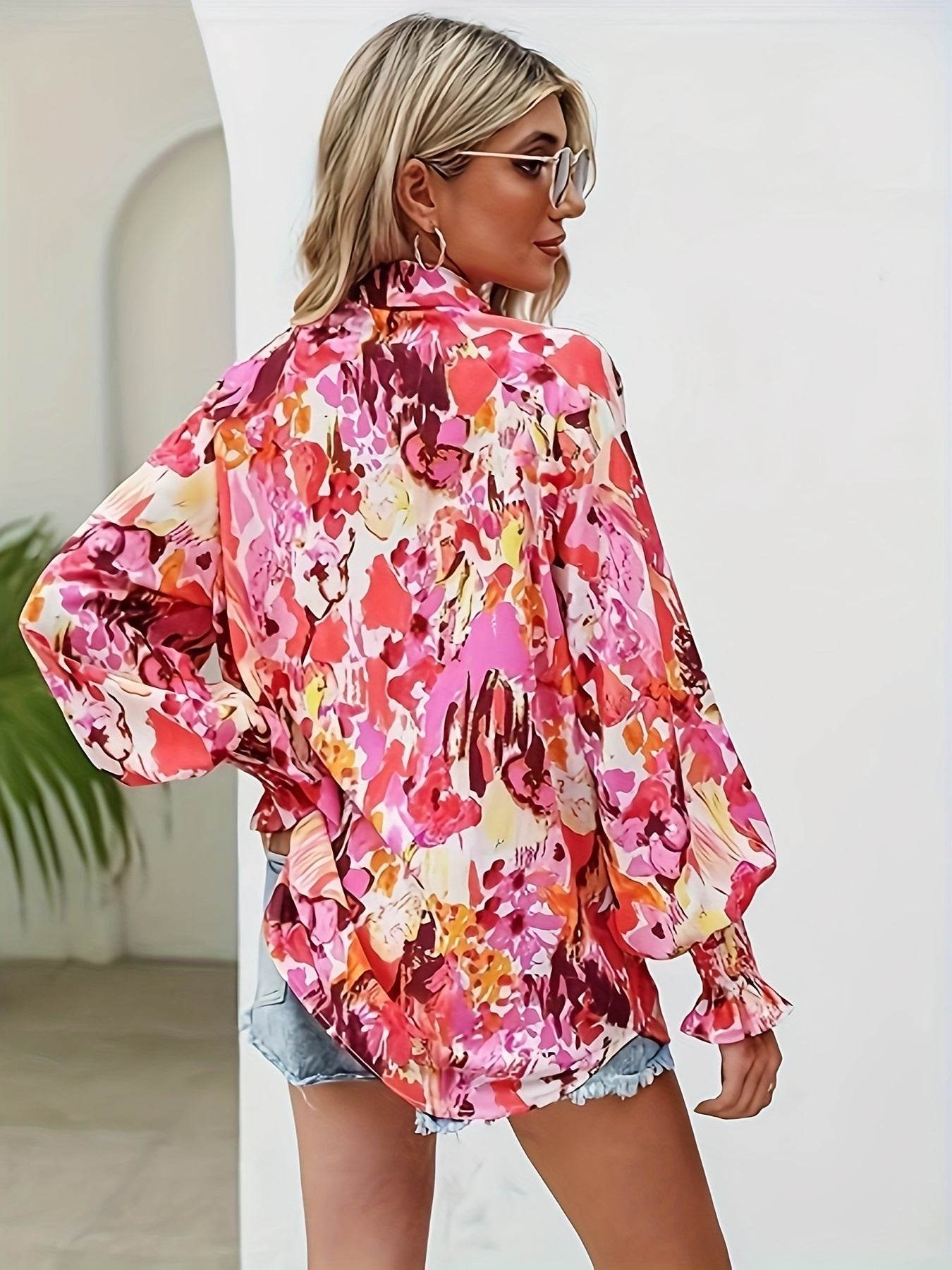 Casual V-neck Lantern Long Sleeve Printed Top Shirt - MYLUXURY LANE ENTERPRISE