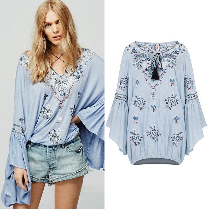 Women's Bohemian V-neck Lace-up Embroidered Top - MYLUXURY LANE ENTERPRISE
