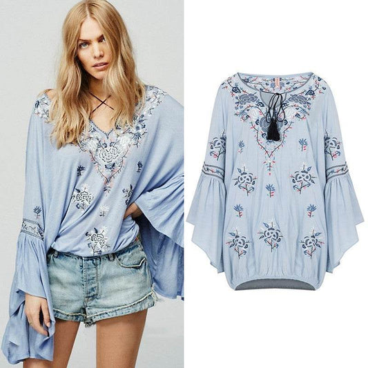 Women's Bohemian V-neck Lace-up Embroidered Top - MYLUXURY LANE ENTERPRISE