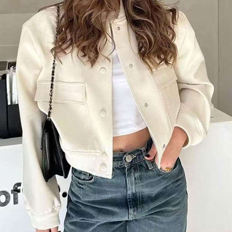 Fashion Button Stand-collar Jacket With Big Pockets Casual Loose Short Outwear Tops Coat For Women Clothing - MYLUXURY LANE ENTERPRISE