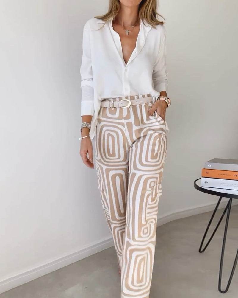 Women's Casual Long-sleeved Lapel Shirt Printed Wide-leg Pants Suit - MYLUXURY LANE ENTERPRISE