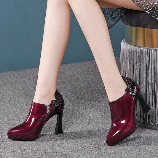Patent Leather Color Matching Wine Red Spring And Autumn Shoes - MYLUXURY LANE ENTERPRISE
