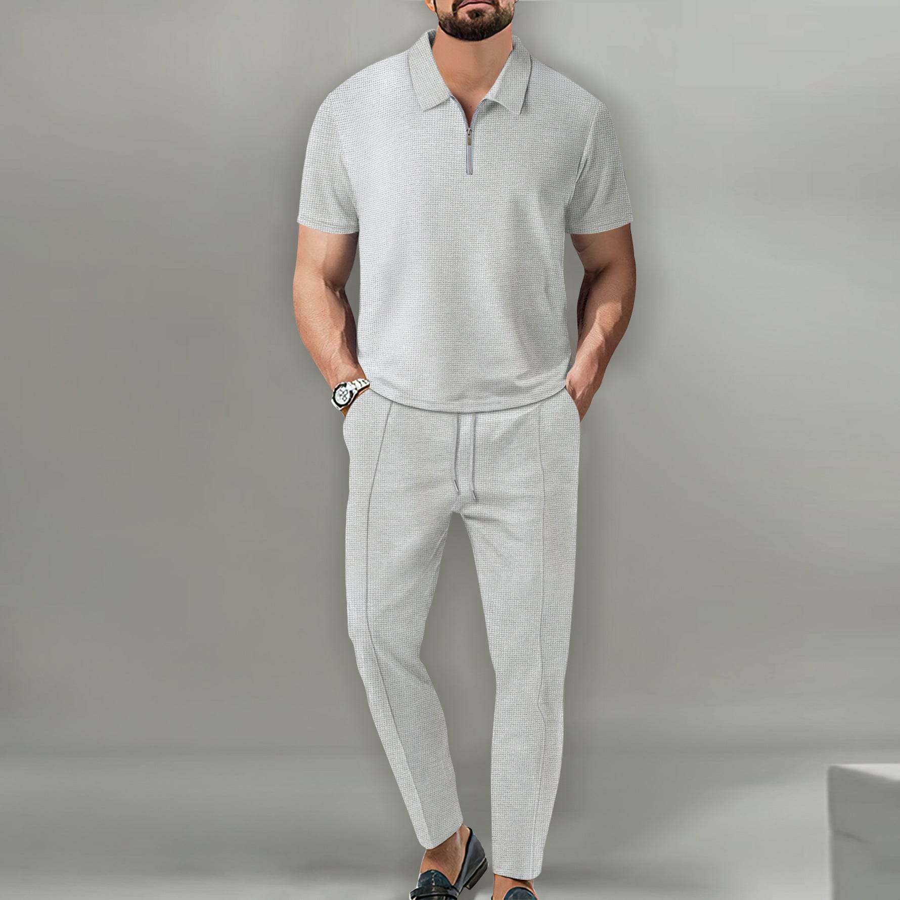 Lapel Short Sleeve Zipper Trousers Suit - MYLUXURY LANE ENTERPRISE