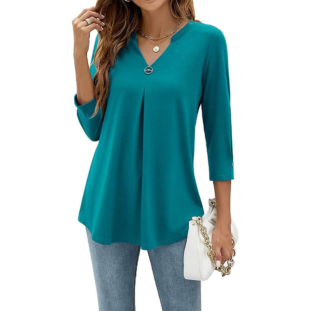 Women's V-neck Clinch Pleated T-shirt Top - MYLUXURY LANE ENTERPRISE