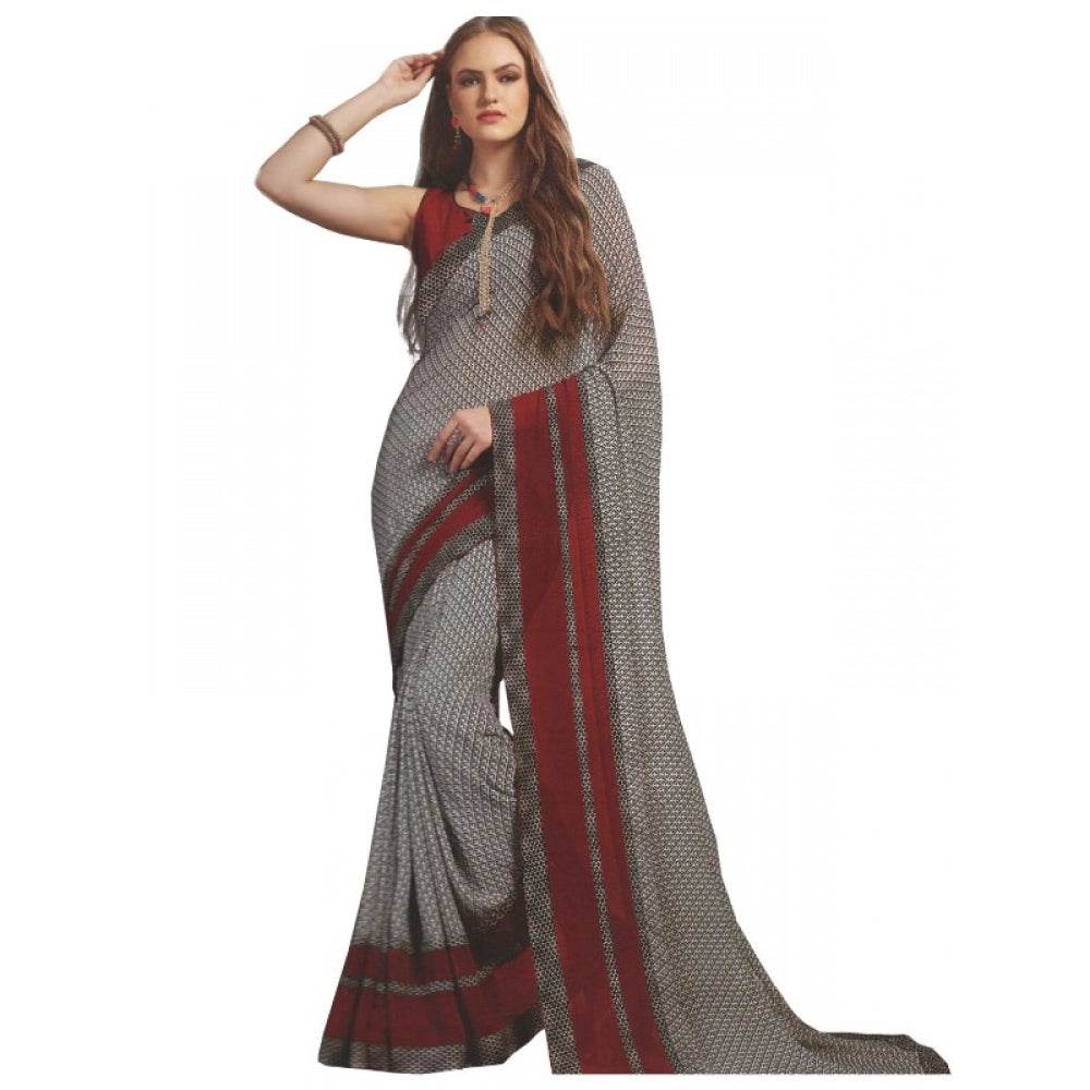 Generic Womens Georgette Digital Printed Saree (Grey, Red, 6.25 Mtr) - MYLUXURY LANE ENTERPRISE