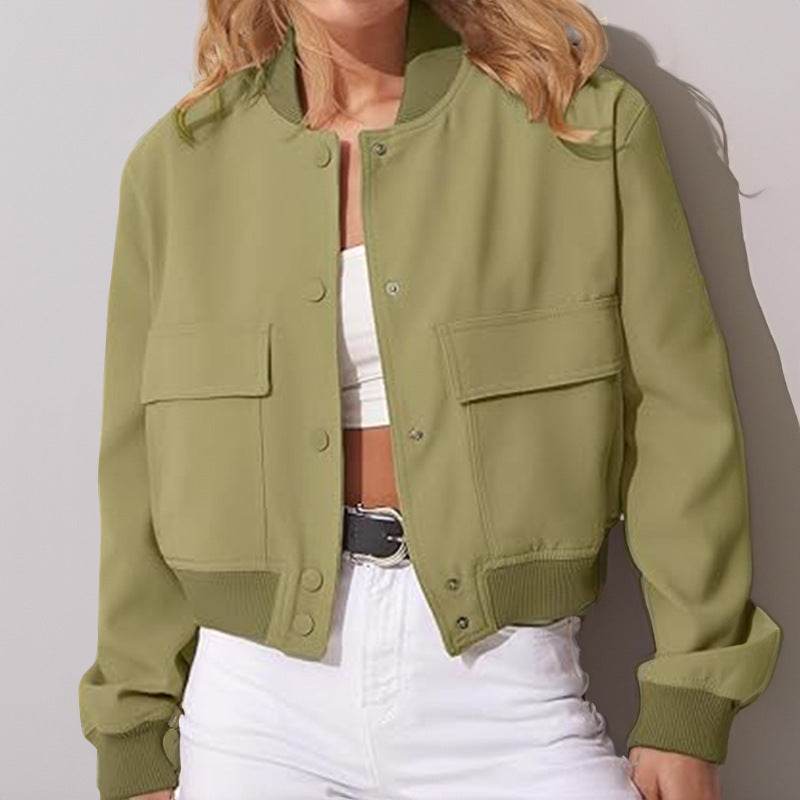 Fashion Button Stand-collar Jacket With Big Pockets Casual Loose Short Outwear Tops Coat For Women Clothing - MYLUXURY LANE ENTERPRISE