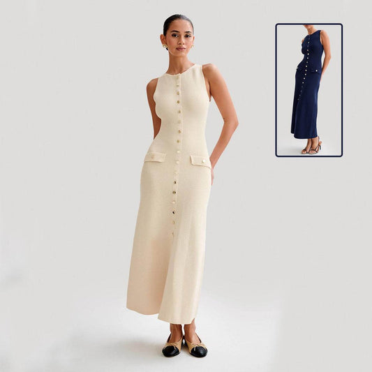 Elegant Knitted Sleeveless Dress With Single Breast Fashion Slim Round Neck Long Dresses Womens Clothing - MYLUXURY LANE ENTERPRISE