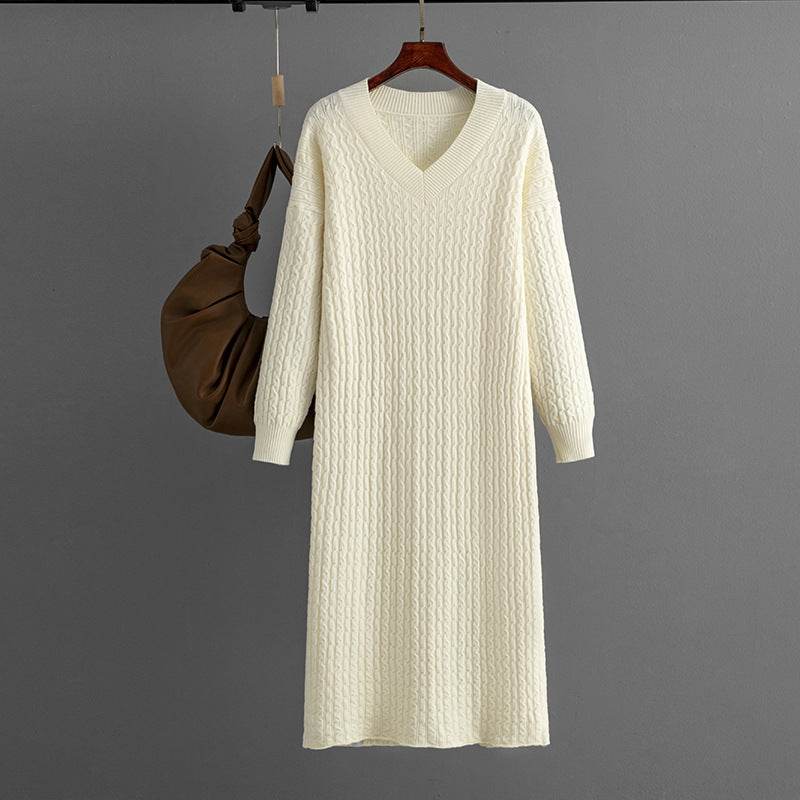 Knitting Dress V-neck Twist Bottoming Sweater Skirt Slit In The Back - MYLUXURY LANE ENTERPRISE