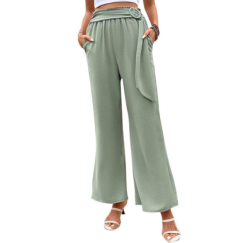 Casual Versatile Women's Green Wide Leg Pants With Belt - MYLUXURY LANE ENTERPRISE