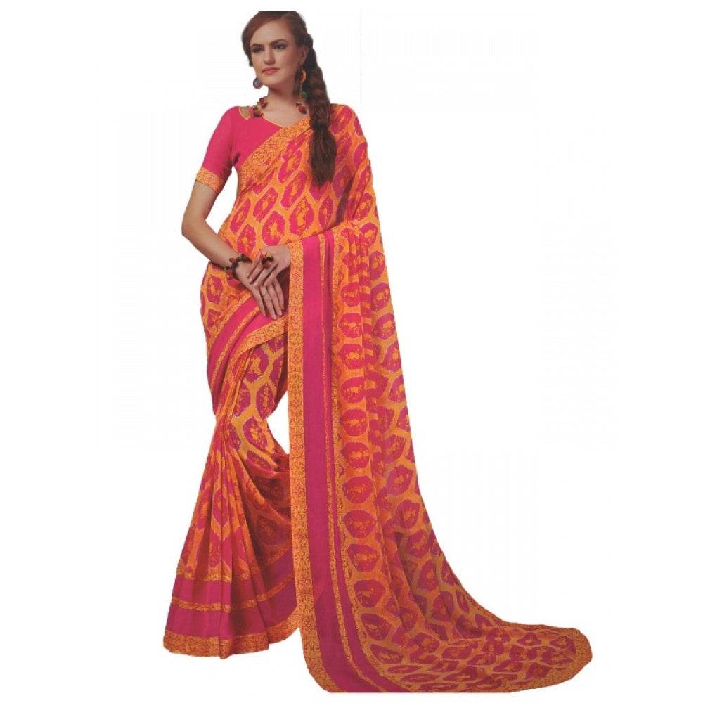 Generic Womens Georgette Digital Printed Saree (Dark Pink, Orange, 6.25 Mtr) - MYLUXURY LANE ENTERPRISE