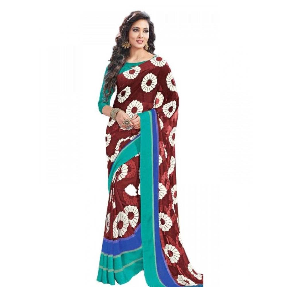 Generic Womens Geogrette Saree with Blouse Digital Printed Saree (Brown, 6.25 Mtr) - MYLUXURY LANE ENTERPRISE